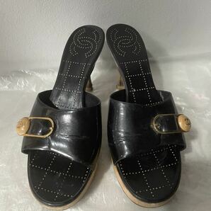 CHANELシャネル黒ブラックロゴサンダルミュールレディース靴くつ仕事ビジネス