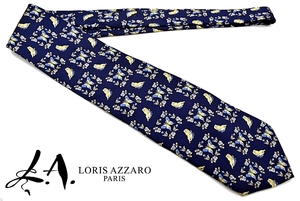 N615★送料無料★美品★LORIS AZZARO PARIS ロイス アザロ★正規品 高級フランス製 蝶々×薔薇柄 ネイビーベース シルクネクタイ