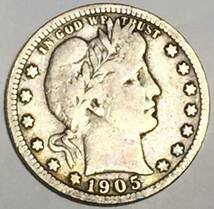 アメリカ1905sクォーター銀貨シルバー25セント 1905s Barber Silver Quarter_画像1