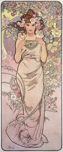 Art hand Auction 【フルサイズ版】アルフォンス･ミュシャ 四つの花-バラ- 1897年 花 4部作 4-flowers 壁紙ポスター 291×701mm はがせるシール式 045S2, 絵画, 油彩, 人物画