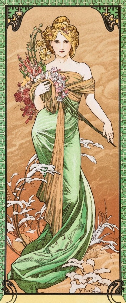 [Full-size version] Alphonse Mucha Four Seasons - Spring - Spring 1900 Four Seasons Series Series Wallpaper Poster Extra Large 576 x 1384 mm Peelable Sticker Type 039S1, Painting, Oil painting, Portraits