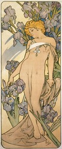 Art hand Auction [全尺寸版] Alphonse Mucha 四花 - 鸢尾花 - 1897 Flowers 4-flowers 壁纸海报 291 x 695mm 可剥贴纸 046S2, 绘画, 油画, 肖像