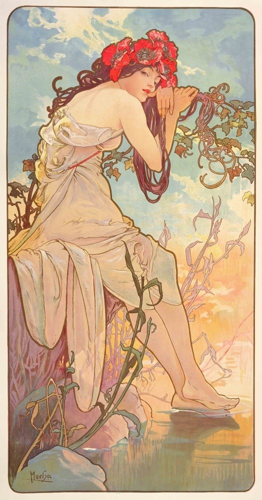 [풀사이즈 버전] 알폰스 무하 사계 - 여름 - 여름 1896년 사계 시리즈 시리즈 배경화면 포스터 315 x 603 mm Peelable 스티커 유형 032S2, 그림, 오일 페인팅, 초상화