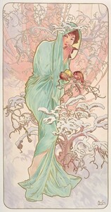 Art hand Auction 【フルサイズ版】アルフォンス･ミュシャ 四季-冬- Winter 1896年 四季シリーズ 連作 壁紙ポスター 316×603mm はがせるシール式 034S2, 絵画, 油彩, 人物画