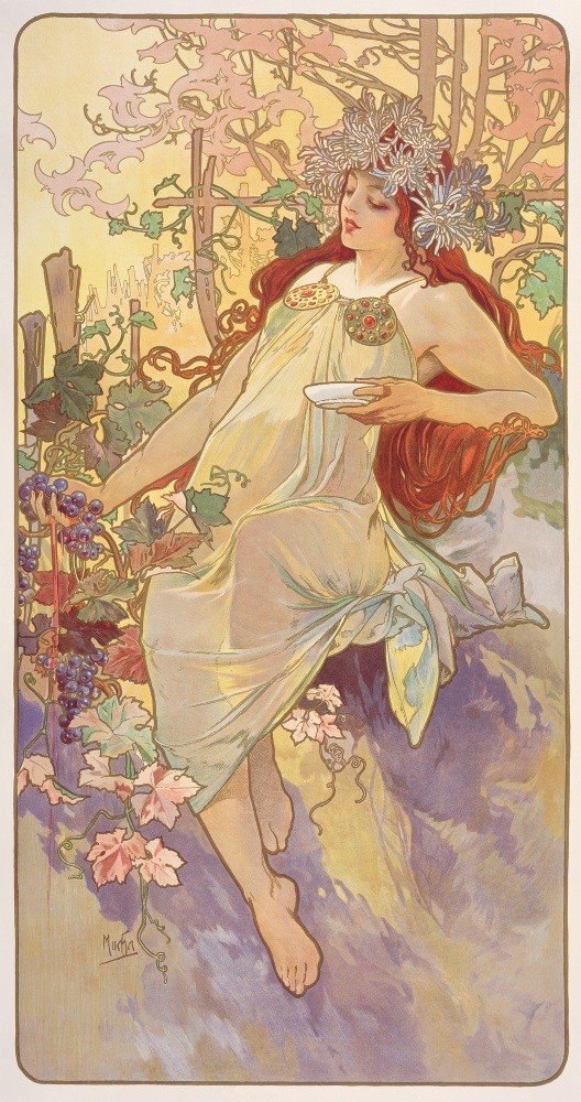 [Versión de tamaño completo] Alphonse Mucha Four Seasons - Otoño - Otoño 1896 Póster de papel tapiz de la serie Four Seasons 318 x 603 mm Etiqueta adhesiva despegable tipo 033S2, cuadro, pintura al óleo, retrato