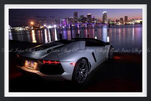 ランボルギーニ アヴェンタドール LP700-4 白 都会夜景 【額縁印刷】 壁紙ポスター 特大874×585mm （はがせるシール式） 028SGF1