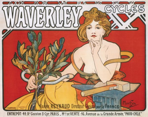 [Versión de tamaño completo] Alphonse Mucha Waverley Bicycle 1898 Papel pintado póster 594 x 470 mm Adhesivo despegable tipo 074S2, Cuadro, Pintura al óleo, Retratos