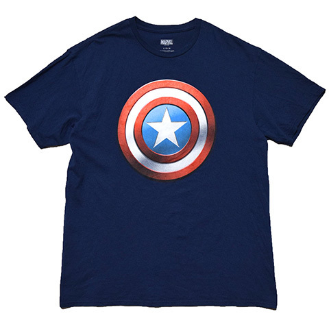 【L】マーベル キャプテンアメリカ ロゴマーク キャラクター Tシャツ メンズL MARVEL アメコミ 映画 紺色 ネイビー アメカジ 古着 BA3307