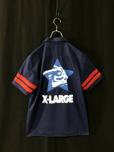 ◆X-LARGE エクストララージ ワークシャツ　半袖シャツ Ｍ　袖ライン　ビッグロゴ　ネイビー