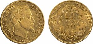 フランス　10フラン金貨　1866年BB　美品　ナポレオン3世有冠