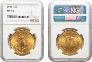 アメリカ　20ドル金貨　1924年　未使用品　自由の女神立像　NGC(MS63)