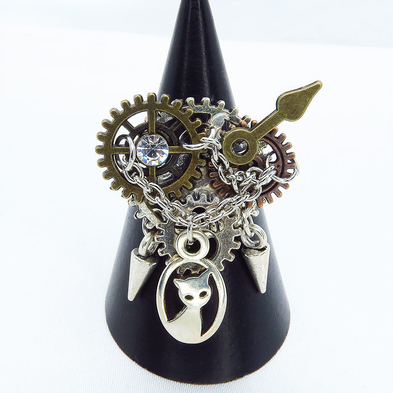 Completely made to order Steampunk style gear and cat free size ring Swarovski chain clock hands spike antique silver, Handmade, Accessories (for women), others