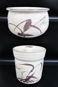 建水　水指　茶道具　茶道　こぼし　蓋付き　お稽古　すすき　ススキ　芒　陶器　伝統工芸品　セットで　　　　