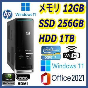 ★HP★小型★超高速 i7/新品SSD256GB+大容量HDD1TB/大容量12GBメモリ/Wi-Fi(無線)/NVIDIAグラボ/HDMI/Windows 11/MS Office 2021★