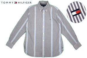 Y-3683★送料無料★超美品★TOMMY HILFIGER トミーヒルフィガー★正規品 ロゴ刺繍 ネイビー紺色 ストライプ 長袖 ボタンダウンシャツ Ｓ