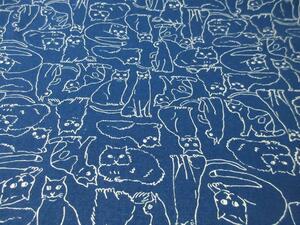 綿麻 キャンバス 110×200cm 猫 生地 はぎれ 日本製　/　ねこ　ネコ コットンリネン　ブルー