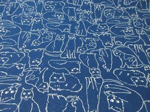 綿麻 キャンバス 110×200cm 猫 生地 はぎれ 日本製 / ねこ ネコ コットンリネン ブルー