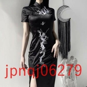 Rk017:チャイナドレス ロング丈 ゴシック 龍の刺繍 黒色 パーティ 夜会 コスプレ セクシー