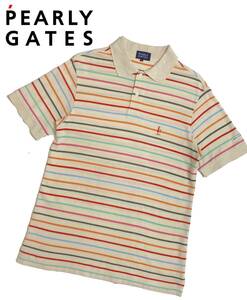 パーリーゲイツ 4 半袖 ポロシャツ 麻混 リネン 刺繍 ボーダー マルチカラー 日本製 PEARLY GATES