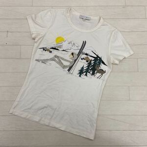 525◎ CELINE セリーヌ トップス Tシャツ カットソー 半袖 クルーネック イラスト プリント 背面 ロゴ ホワイト レディースS
