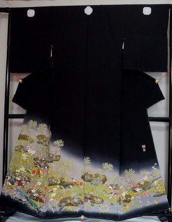 100% seda, crepe ichigoshi, Auténtico kimono formal negro Yuzen pintado a mano de Kaga., hecho por Hyakukan Kaho, moda, kimono de mujer, kimono, tomesode