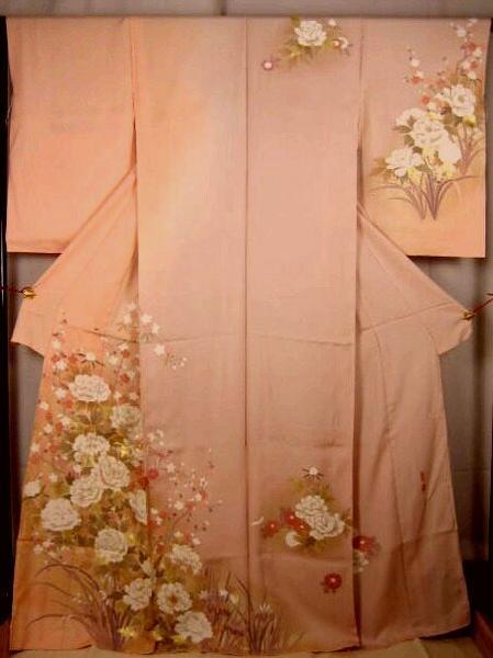 100% silk, Ichigoshi crepe, hand-painted Kyoto yuzen, hand-embroidered, Homongi, Women's kimono, kimono, Visiting dress, Untailored