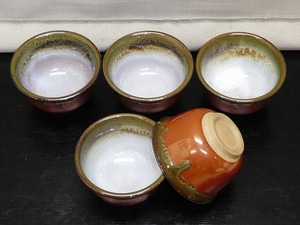 ●汲出し茶碗 煎茶碗 5客 茶器 湯呑茶碗 朱 煎茶器 茶道具 和食器●