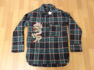 【SAPEur サプール】ドラゴン刺繍 OVER CPO JACKET GREEN Sサイズ ■1　チェックシャツジャケット 古着