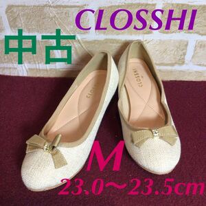 【売り切り!送料無料!】A-172 CLOSSHI!M!23.0cm!23.5cm!パンプス!ヒール6cm!ベージュ系!リボン付き!レディースシューズ!中古!