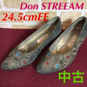 【売り切り!送料無料!】A-172 Don STREEAM!24.5cmEE!ヒール5.5cm!婦人靴!パンプス!スエード!刺繍デザイン!個性的!デザインパンプス!中古!