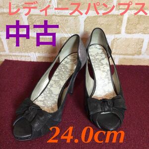 [ selling out! free shipping!]A-192 lady's pumps!24.0cm! lame! heel 10cm! open tu! ribbon! pumps! used!