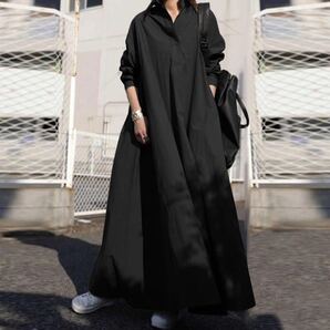 シャツワンピース レディース ロングワンピース マキシ丈 ブラック L