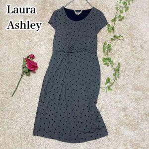 ローラアシュレイドッド柄 半袖ワンピース 膝丈 ウエスト絞り グレー US8サイズ Laura Ashley