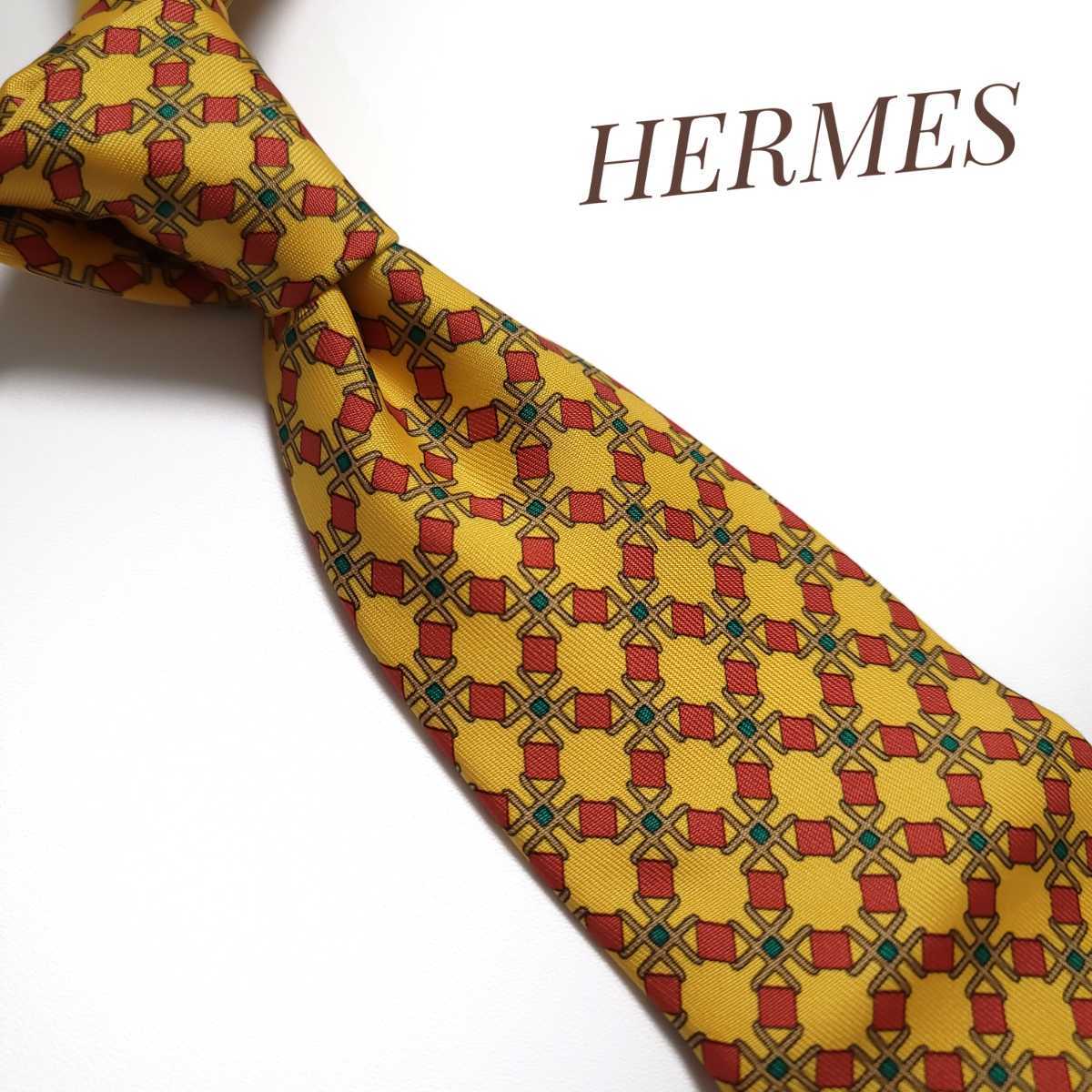 上等 HERMES エルメス ネクタイ グレー オレンジ H柄 メンズ