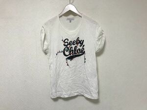 本物シーバイクロエseebyChloeコットンロゴプリント半袖Tシャツアメカジサーフビジネススーツレディース40白ホワイトL