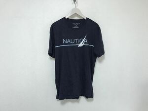 美品本物ノーティカNAUTICAコットンシワ加工プリント半袖TシャツビジネスサーフアメカジメンズM紺ネイビーペルー製アウトドア