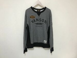 本物バンソンVANSONコットンワッペンプリント長袖スウェットトレーナービジネスサーフアメカジメンズグレー黒柄Lバイカー