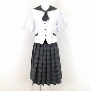 1円 セーラー服 チェックスカート 上下2点セット 指定 M 大きいサイズ 夏物 半袖 女子 学生服 大阪扇町総合高校 白 中古 ランクC EY7297の商品画像