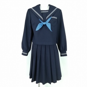 1円 セーラー服 スカート スカーフ 上下3点セット 大きいサイズ トンボ 冬物 長袖 グレー2本線 女子 中学 高校 紺 中古 ランクC EY7459の商品画像