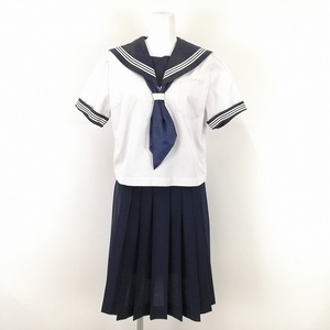 1円 セーラー服 スカート スカーフ 上下3点セット 大きいサイズ 富士ヨット 夏物 半袖 白3本線 女子 中学 高校 白 中古 ランクC EY3342の商品画像