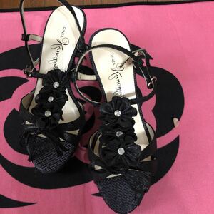 * Ginza Kanematsu sandals mules back strap flower biju- black black LS 23.5cm D 9cm heel 