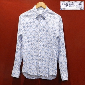 agnes b. homme PARIS アニエスベー 90's 旧タグ デザイン 長袖シャツ ドレスシャツ ブラウスシャツ 結晶柄 白 青 黒 38 / M 美品の画像1