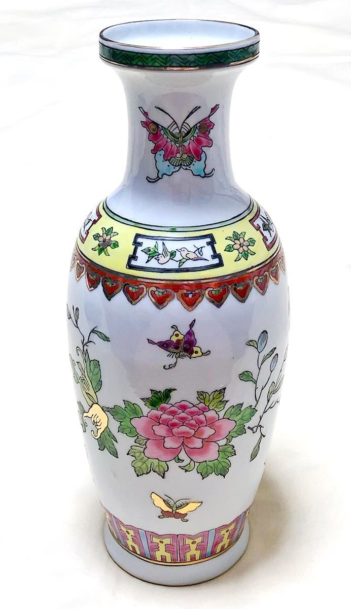 中国景徳鎮 粉彩 牡丹&ざくろ&蝶絵 花瓶 花器 置物 アンティーク