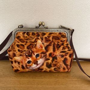 ハンドメイド がま口バッグ ポーチ 猫 ベンガル