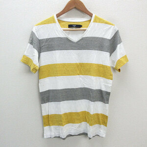 s# made in Japan # Ships /SHIPS V neck border pattern short sleeves T-shirt [L] white yellow ash /MENS/74[ used ]