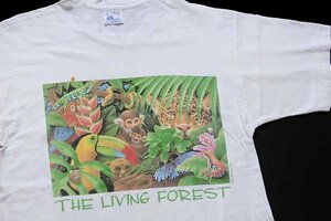 ★90s USA製 THE LIVING FOREST アニマル アート コットンTシャツ 白 L★オールド ビンテージ ジャングル 動物 森林 環境 