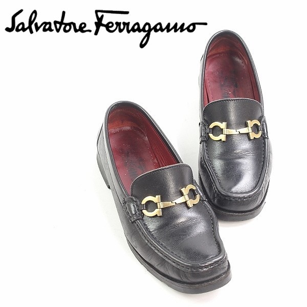 ◆Salvatore Ferragamo/サルヴァトーレフェラガモ ガンチーニ レザー ローファー スリッポン シューズ ブラック 5 1/2