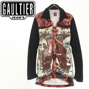 希少 90's ヴィンテージ◆GAULTIER JEAN'S/ゴルチエ ジーンズ ジャンポール ゴルチェ 総柄 プリント ウール混 ロング シャツ