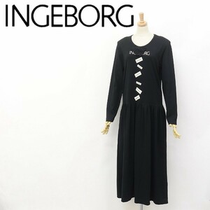 ◆INGEBORG/インゲボルグ リボン コットン 長袖 ギャザー ロング マキシ ワンピース ブラック