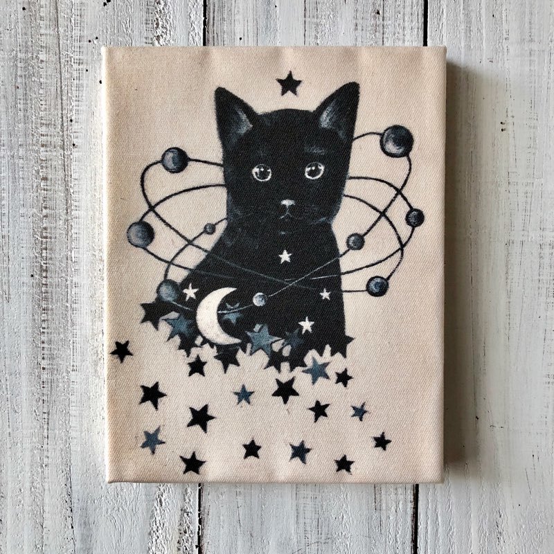 Moon Cat Art Starry Moon Cat Black Painting F0 Reproduction Painting on Wooden Panel 004 Cat, Artwork, Painting, acrylic, Gash